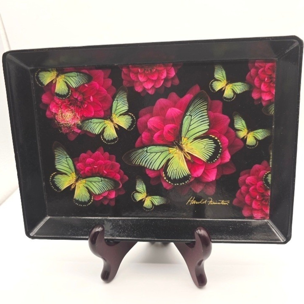 VTG Harold Feinstein Butterfly Floral Tray Trinket Dish Black‎ Pink 8"